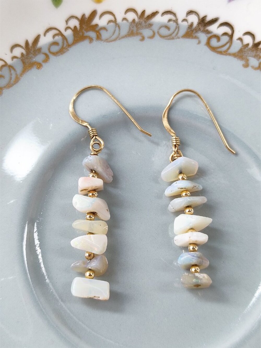 14K Gold Filled Opal Chip Dangle Earrings Natural Gemstone Drop Nugget 1.75"